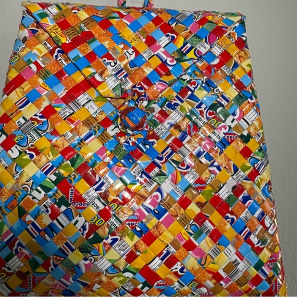 Colorful Handmade Upcycled Woven Backpack with Red‎ Straps - Picture 7 of 10
